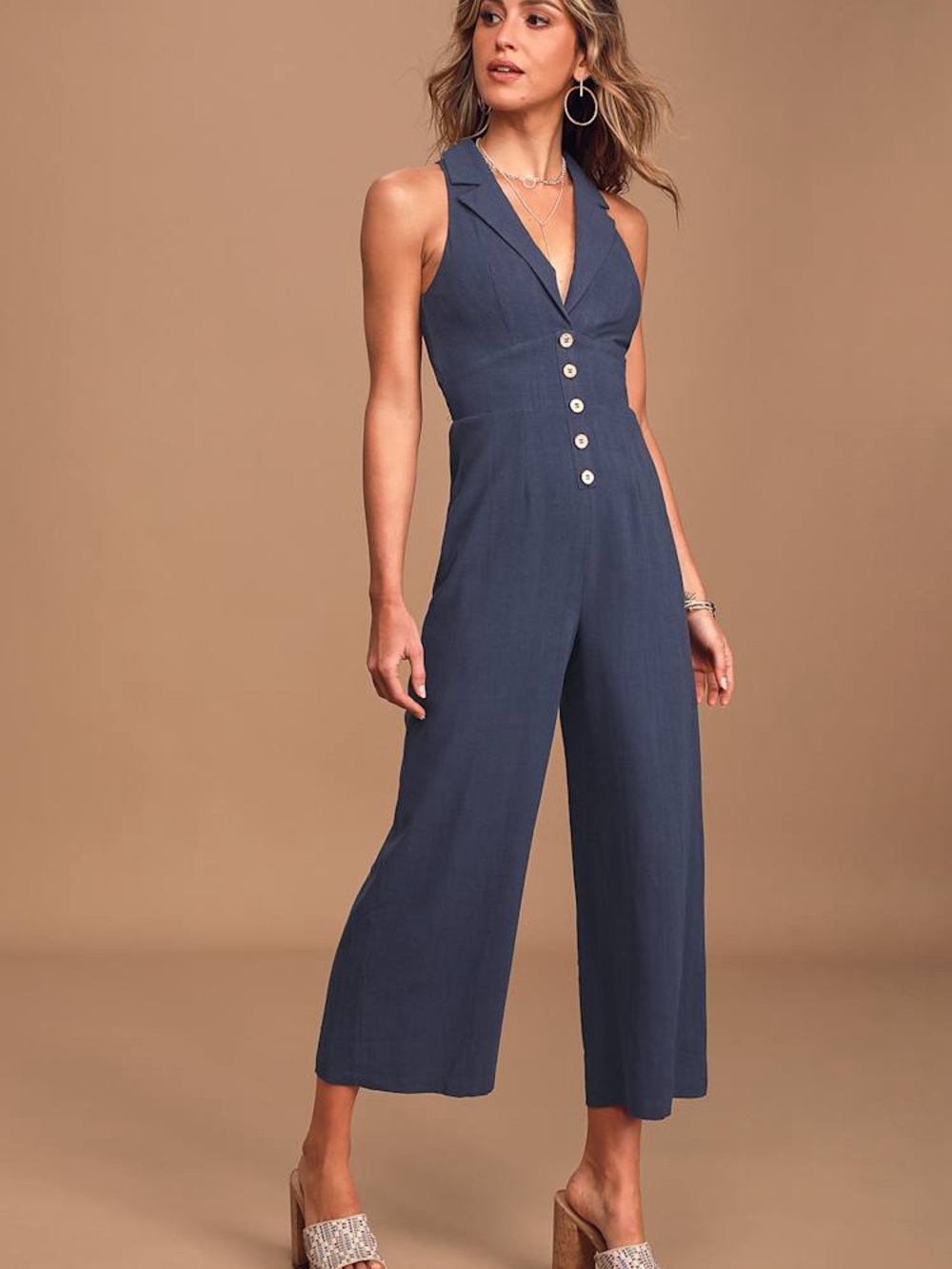 Lulus On a Good Day Navy Blue Button Front Wide Leg Jumpsuit